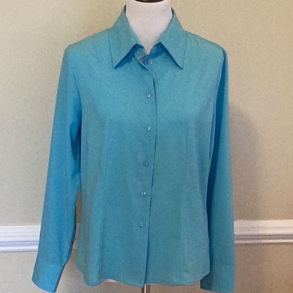 Milano silky poly/spandex button front shirt with delicate square button…